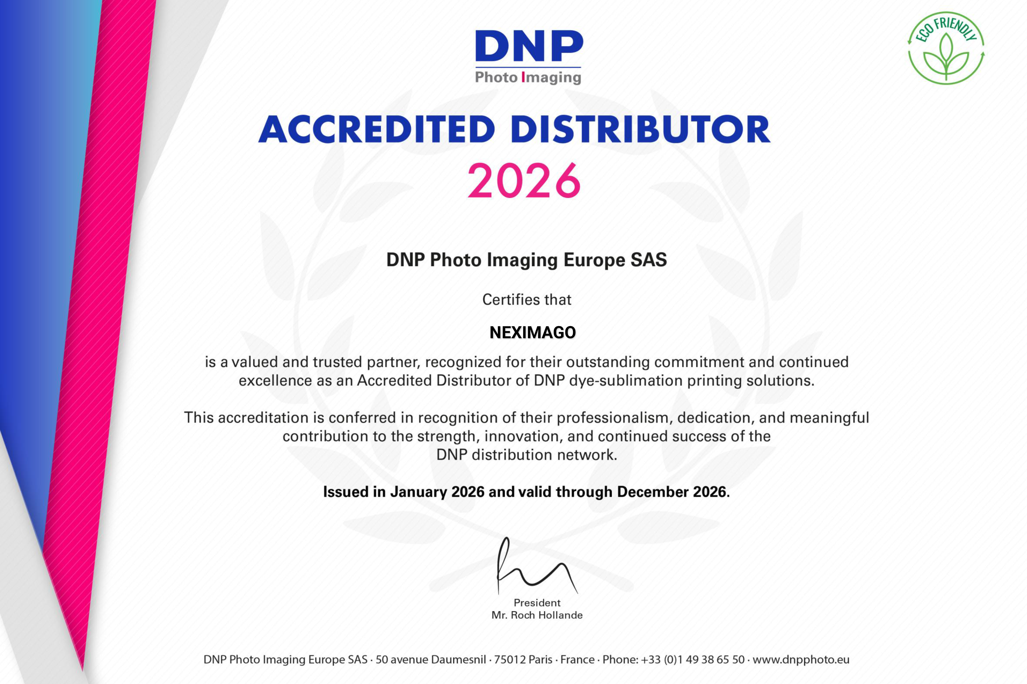 NEXIMAGO-DNP PIE ACCREDITED DISTRIBUTOR CERTIFICATE 2026
